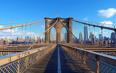Brooklyn bridge walkway view with manhattan skyline and american flag in distance