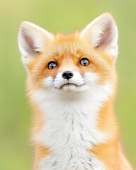 Adorable red fox kit with large ears and bright eyes,  posed against a soft green background