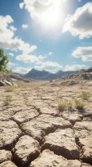 Arid Landscape Bright Sun Over Cracked Earth and Distant Mountains