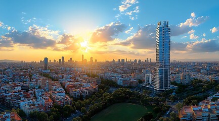 Naklejka premium Barcelona skyline at sunset with modern architecture and urban landscape