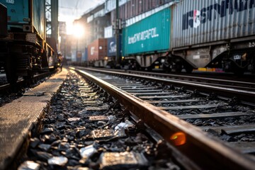 Obraz premium Train Tracks with Freight Cars and Sunlight