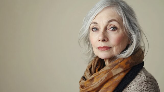 Portrait of an elderly woman with gray hair and scarf - Powered by Adobe
