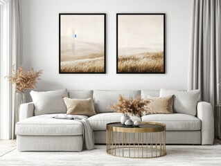 Beige and Brown Landscape Prints in Modern Living Room Interior