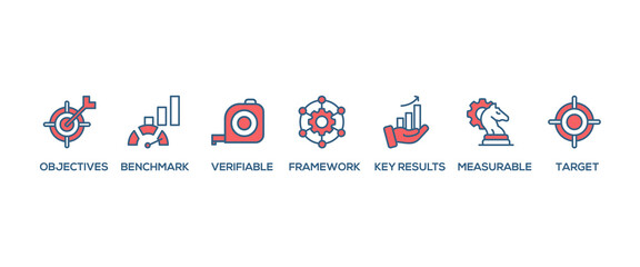 OKR banner web icon set vector illustration concept for objectives and key results with icon of objective, key results, target, framework, benchmark, measurable, and verifiable
