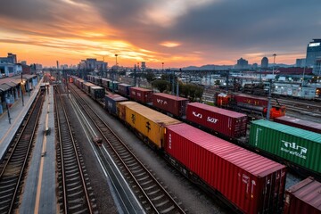 Fototapeta premium Train Yard with Cargo Containers at Sunrise/Sunset