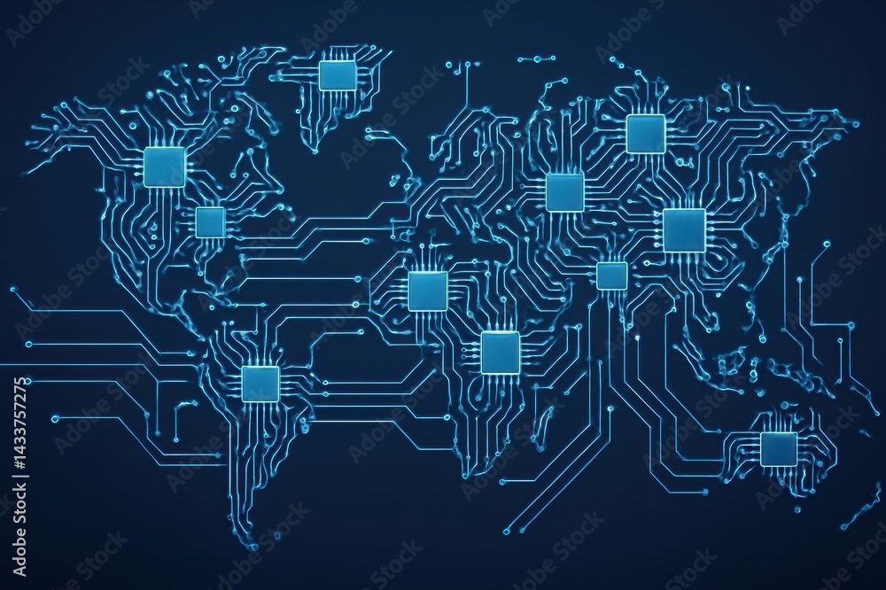 Poster a digital illustration of a world map integrated with circuit patterns, symbolizing global connectiv