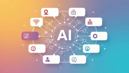 A colorful graphic illustrating the concept of AI, featuring interconnected icons representing various applications and functionalities of artificial intelligence.