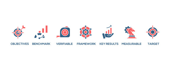 OKR banner web icon set vector illustration concept for objectives and key results with icon of objective, key results, target, framework, benchmark, measurable, and verifiable