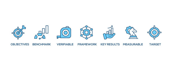 OKR banner web icon set vector illustration concept for objectives and key results with icon of objective, key results, target, framework, benchmark, measurable, and verifiable