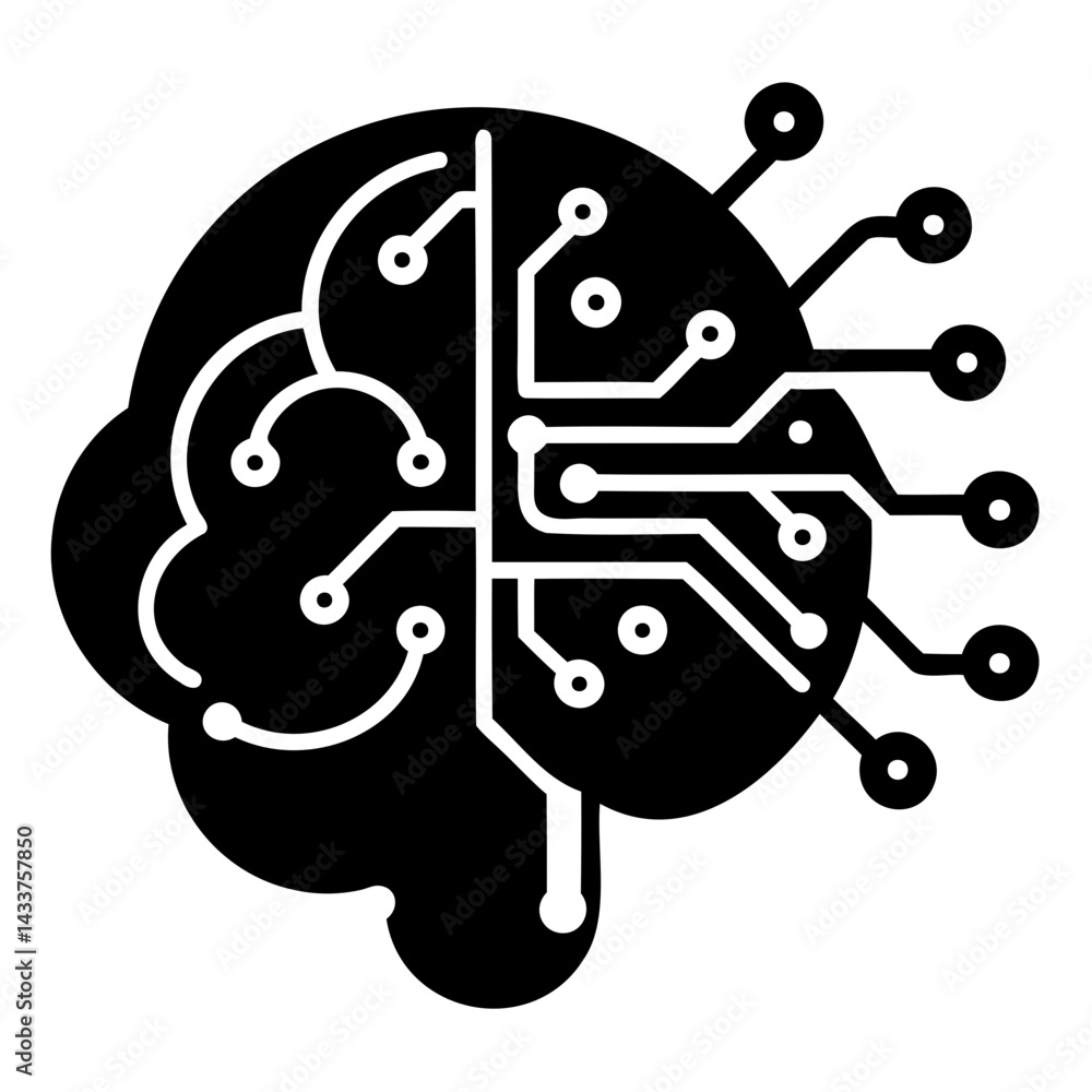 Poster simple and minimalist microchip icon with brain black silhouette on transparent background