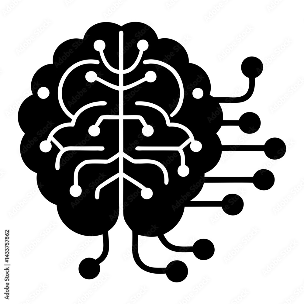 Poster simple and minimalist microchip icon with brain black silhouette on transparent background