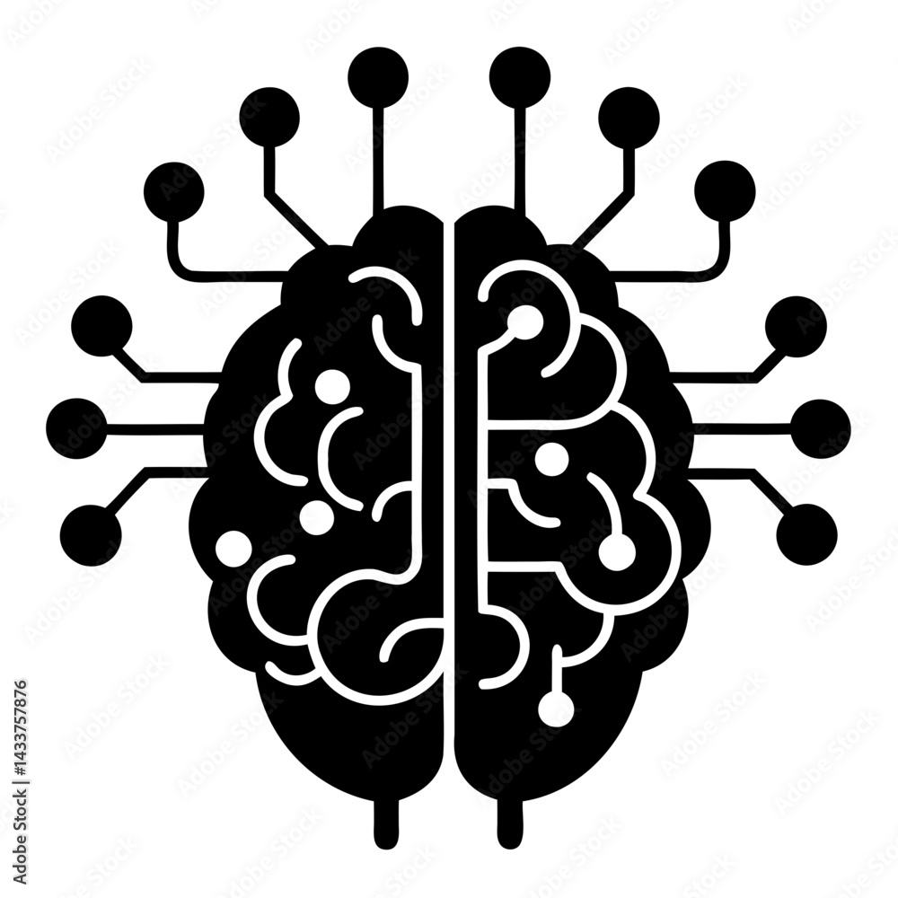 Poster simple microchip icon with brain or ai microchip black silhouette concept digital technology on tran