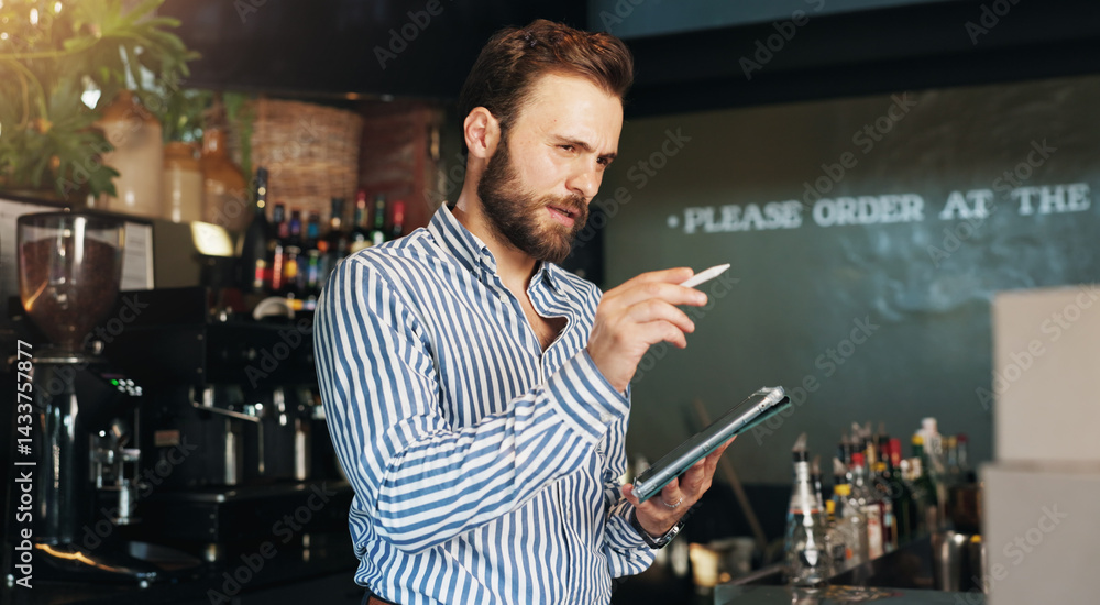 Poster coffee shop, counting and man on tablet in cafe for menu items, inventory and online order at pub. r