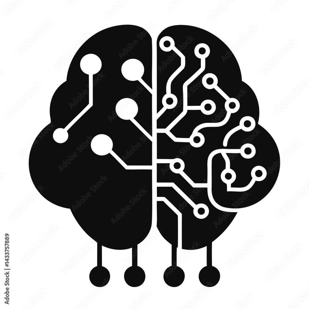 Poster artificial intelligence icon of brain with circuits on transparent background
