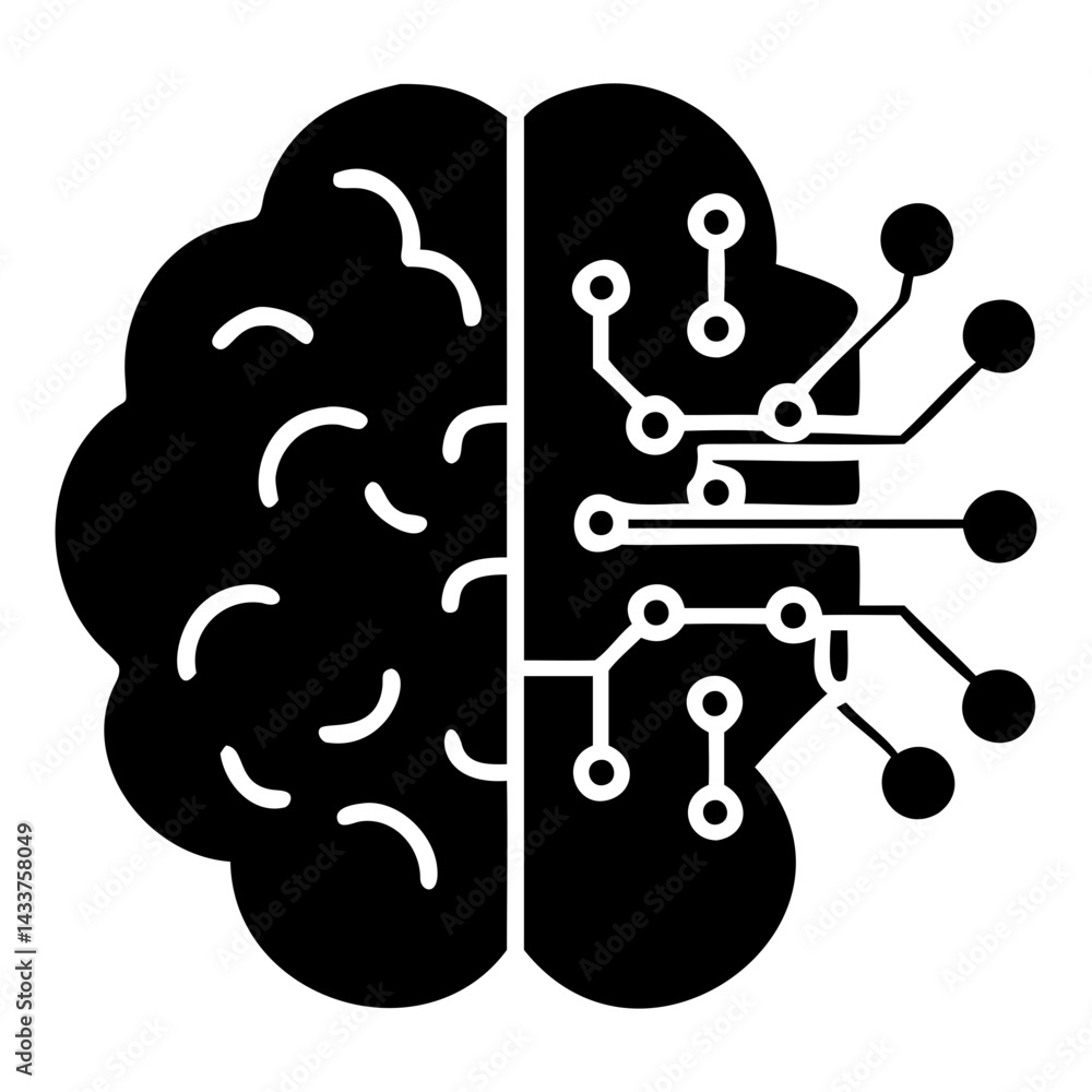 Aufkleber artificial intelligence brain with circuit board black silhouette easily editable on transparent bac