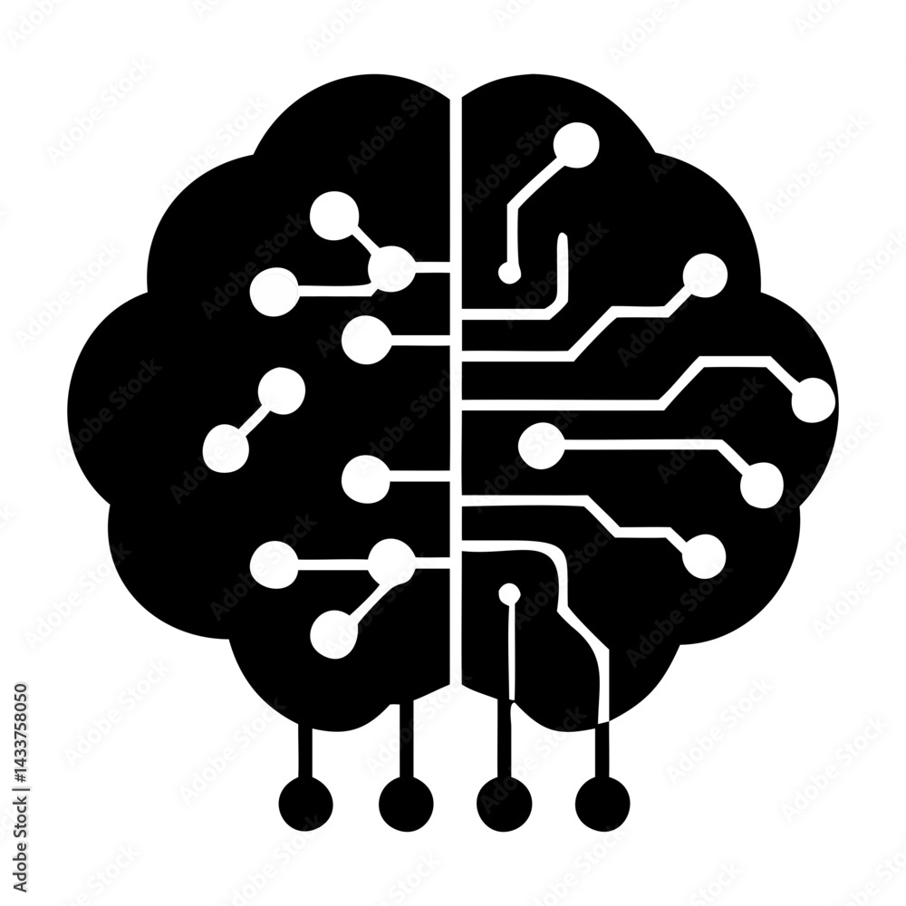 Aufkleber simple microchip icon with brain or ai microchip black silhouette concept digital technology on tran
