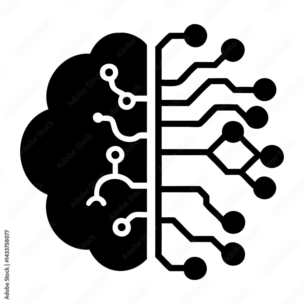 Poster artificial intelligence brain with circuit board black silhouette easily editable on transparent bac