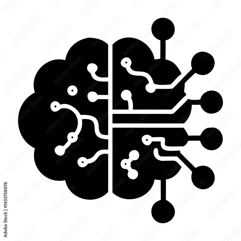 Poster black silhouette icon of brain with circuits ai and tech vector concept on transparent background