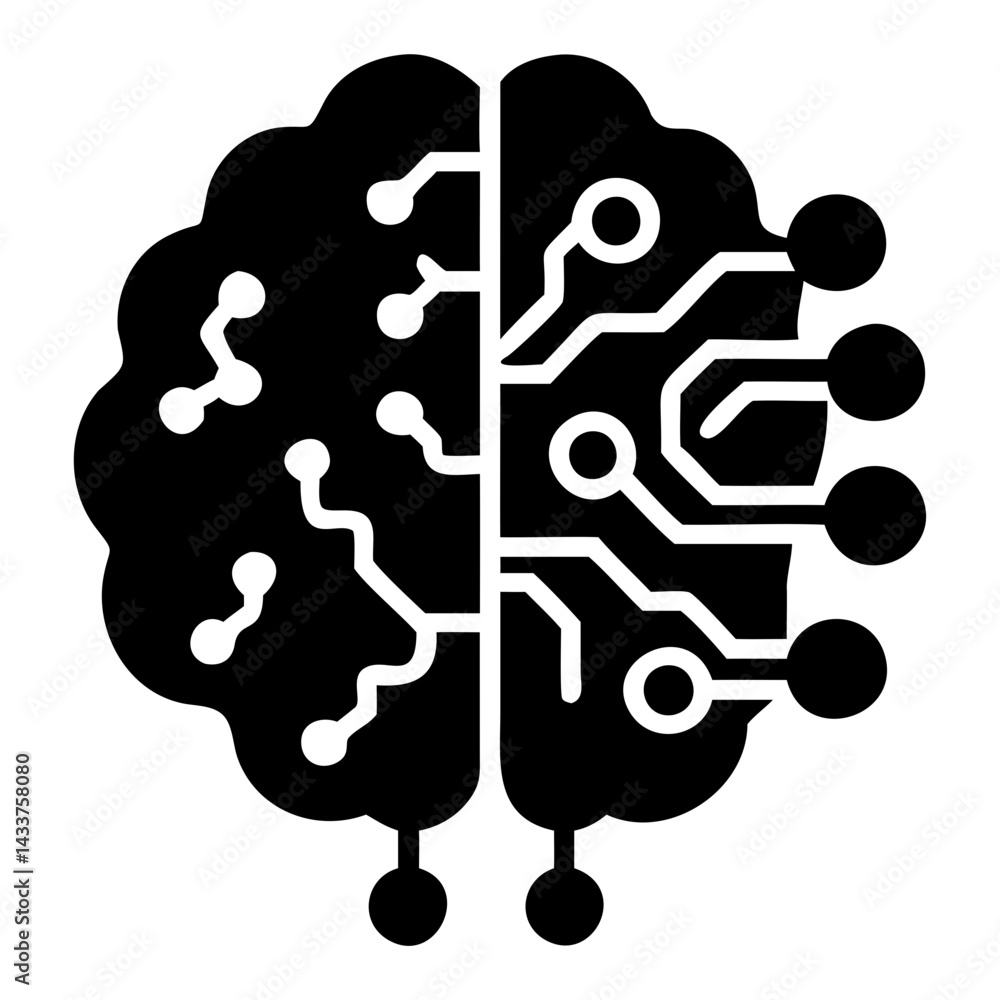 Aufkleber artificial intelligence brain with circuit board black silhouette easily editable on transparent bac