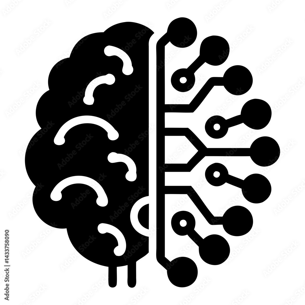 Aufkleber black silhouette icon of brain with circuits ai and tech vector concept on transparent background
