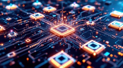 Obraz premium A vibrant, intricate representation of a circuit board with glowing microchips, symbolizing advanced technology and digital connectivity.