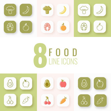 Minimal Line Food Icons Set &ndash; Fruits, Vegetables & Fish, Flat Design
