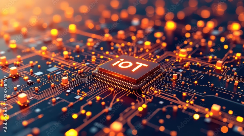 Aufkleber a close-up view of a circuit board with glowing connections, centered around an iot chip, symbolizin