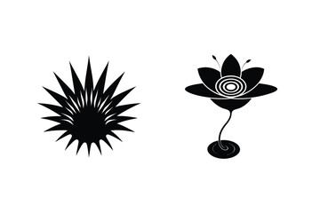 Two Stylized Black Floral Shapes On White Background Graphic Elements