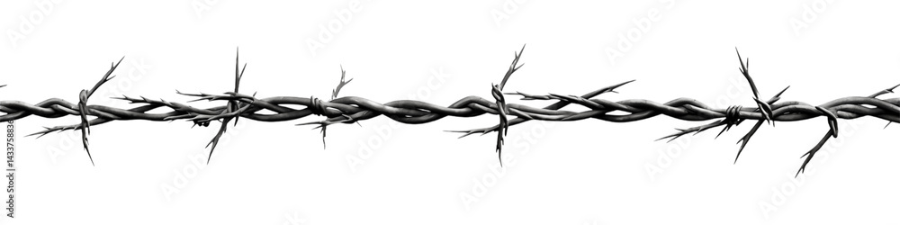Poster close up of a barbed wire fence with sharp spikes against a dark transparent background in monochrom