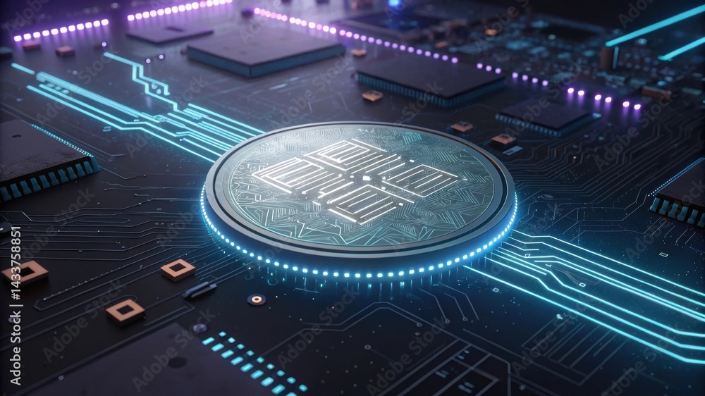 Poster a futuristic close-up of a circuit board featuring intricate designs and illuminated pathways, highl