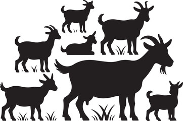 Silhouette of a Goat Family Group in Grass