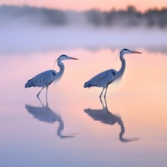 Graceful herons in misty water with mirrored reflection at dawn high resolution picture