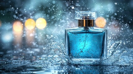 Blue perfume bottle in water splash