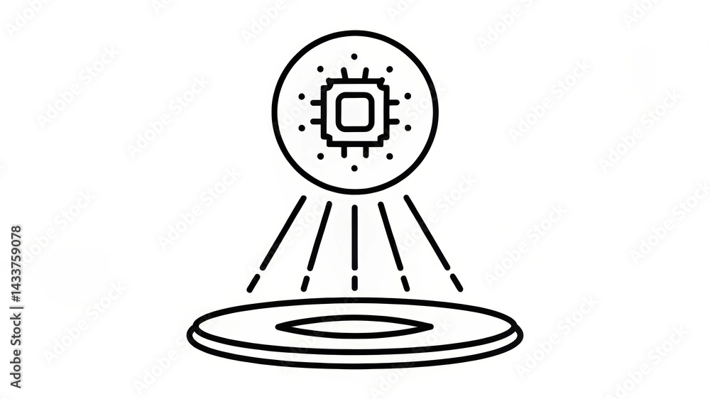 Poster abstract illustration of a microchip above a circular base, emitting rays, symbolizing technology an
