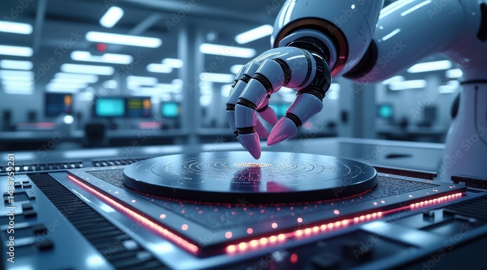 Poster a robotic hand is poised over a circular interface, showcasing advanced technology in a modern, high