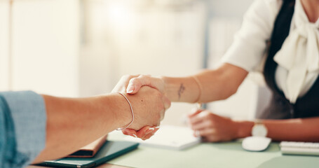 Handshake, office and business people in interview for recruitment process, hiring and onboarding. Professional, and hr shaking hands with person in meeting for welcome, thank you and greeting