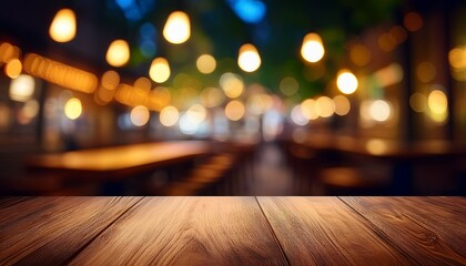 image of wooden table in front of abstract blurred background of resturant lights