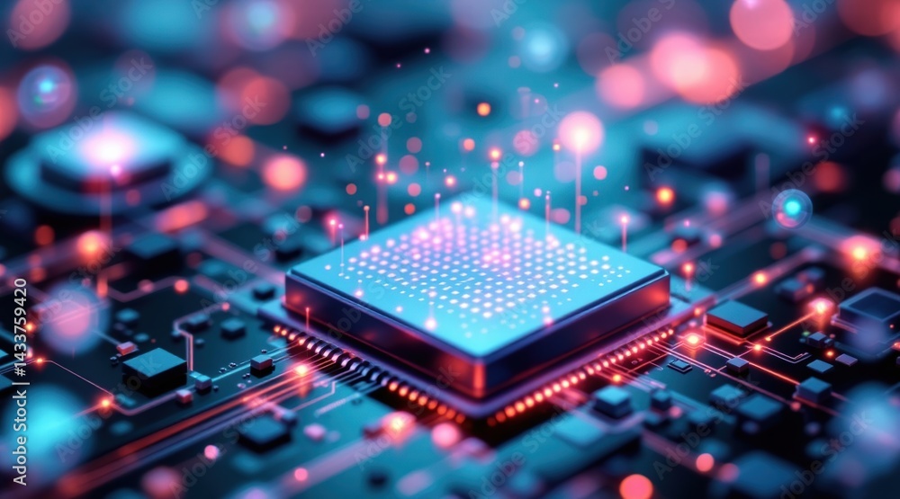 Aufkleber a vibrant and futuristic depiction of a microchip, with glowing circuits and data points, symbolizin