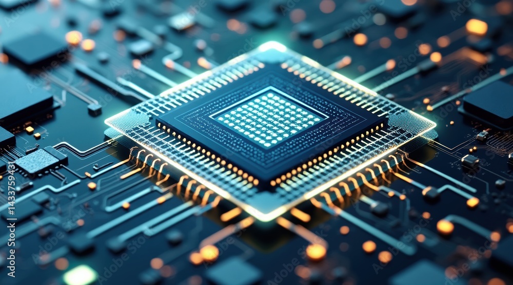 Poster a close-up view of a computer chip on a circuit board, showcasing intricate designs and glowing conn