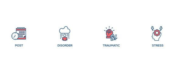 PTSD banner web icon set vector illustration concept of post, traumatic, stress and disorder with icon of calendar, time, rocket attack, war, house on flame, headache and disability
