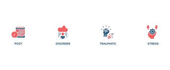 PTSD banner web icon set vector illustration concept of post, traumatic, stress and disorder with icon of calendar, time, rocket attack, war, house on flame, headache and disability