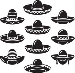 Collection of Ten Sombrero Hat Icons Black Silhouette
