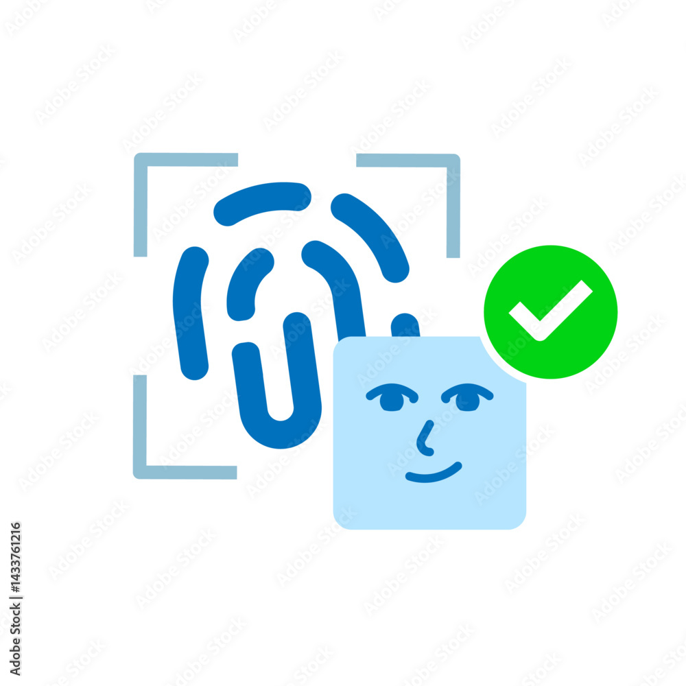 Poster biometric verification icon illustration. fingerprint and face id with check mark. identity authenti