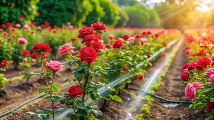 Rose Garden with Drip Irrigation System, roses, modern floriculture