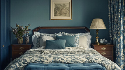Elegant English interiors, featuring rich fabrics, delicate floral patterns, and timeless decor with a romantic and sophisticated atmosphere