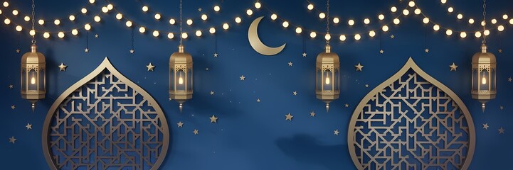 Fototapeta premium Mesmerizing Ramadan Background with Deep Blue Gradient Islamic Ornaments Golden Lanterns Soft Glowing Crescent Moon Enhancing Sacred Atmosphere of the Holy Month with Elegant Minimalistic Decorations