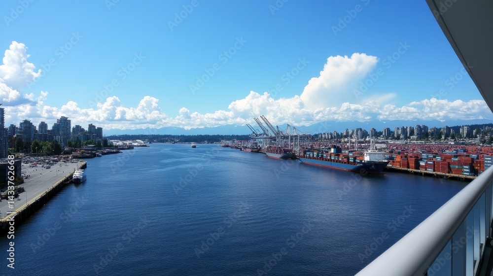 Poster expansive view of a large port with shipping containers and cranes for handling cargo
