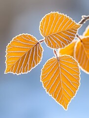 Fototapeta premium Three frost-covered, yellow leaves on a branch against a soft blue backdrop