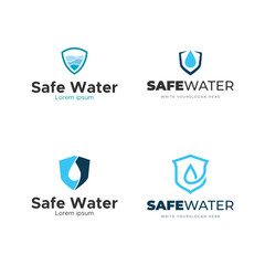 Set of Shield logo accompanied drops of water. Shield water logo.