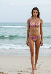 Woman in colorful paisley print bikini walking on sandy beach. Travel fashion style. Vibrant summer, swimwear model and coastal walk concept. For travel lookbook banner. Vertical banner
